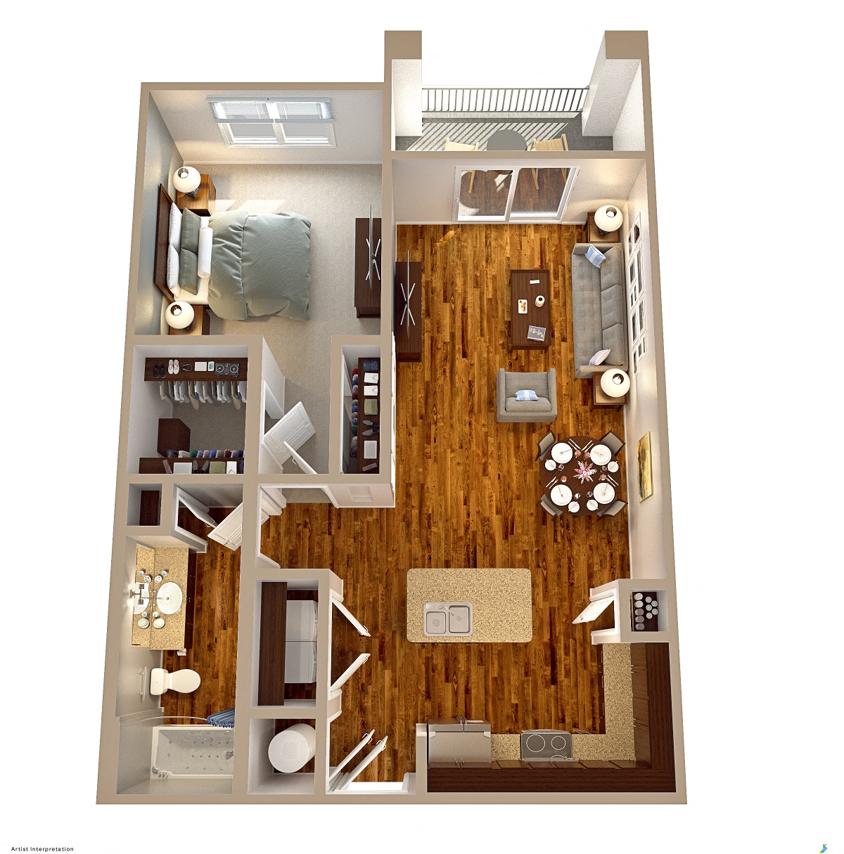 Floor plan for 1 bed, 1 bath, 795 sqft
